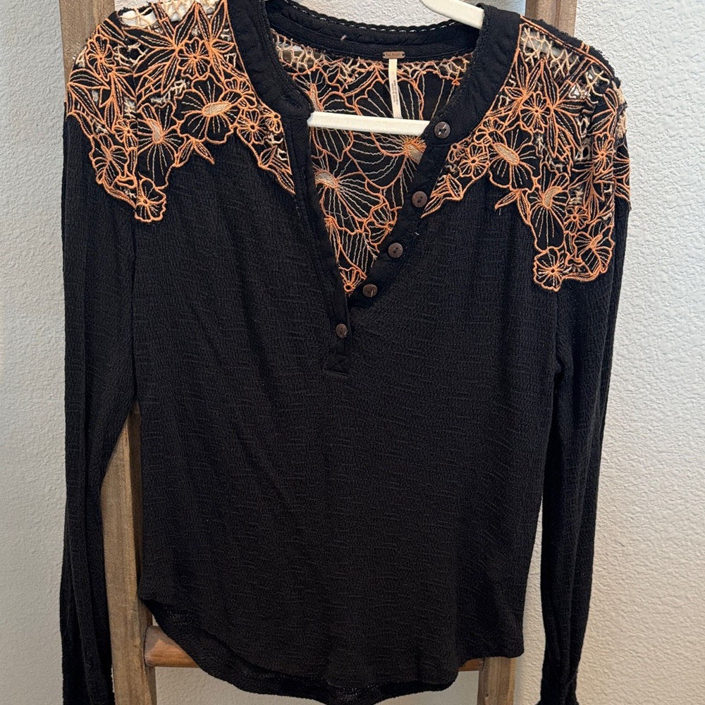 Free people Black and Orange Lace knit long sleeve